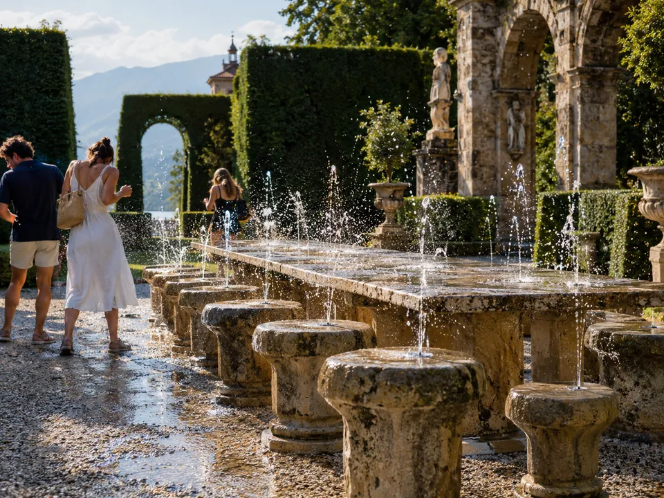 Jets of water spraying the stone seats at the prince’s table in the trick fountains at Hellbrunn