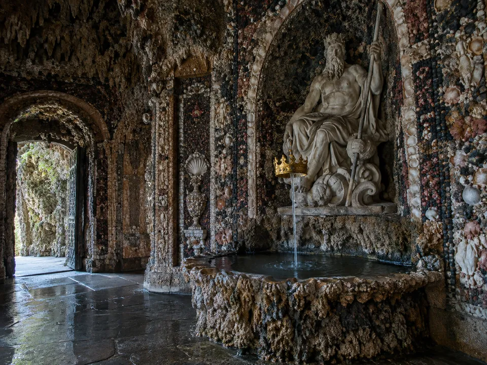 A grotto with mythical figures and hidden water jets in the Hellbrunn trick fountains