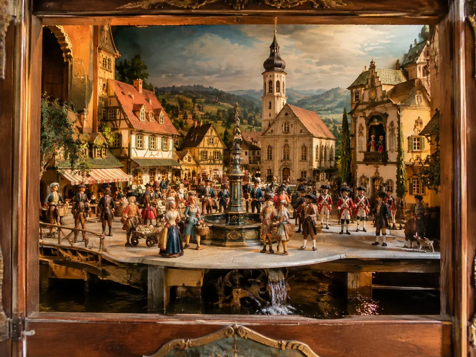 The water-driven mechanical theatre of 1750 at Hellbrunn with its figures of a Baroque town