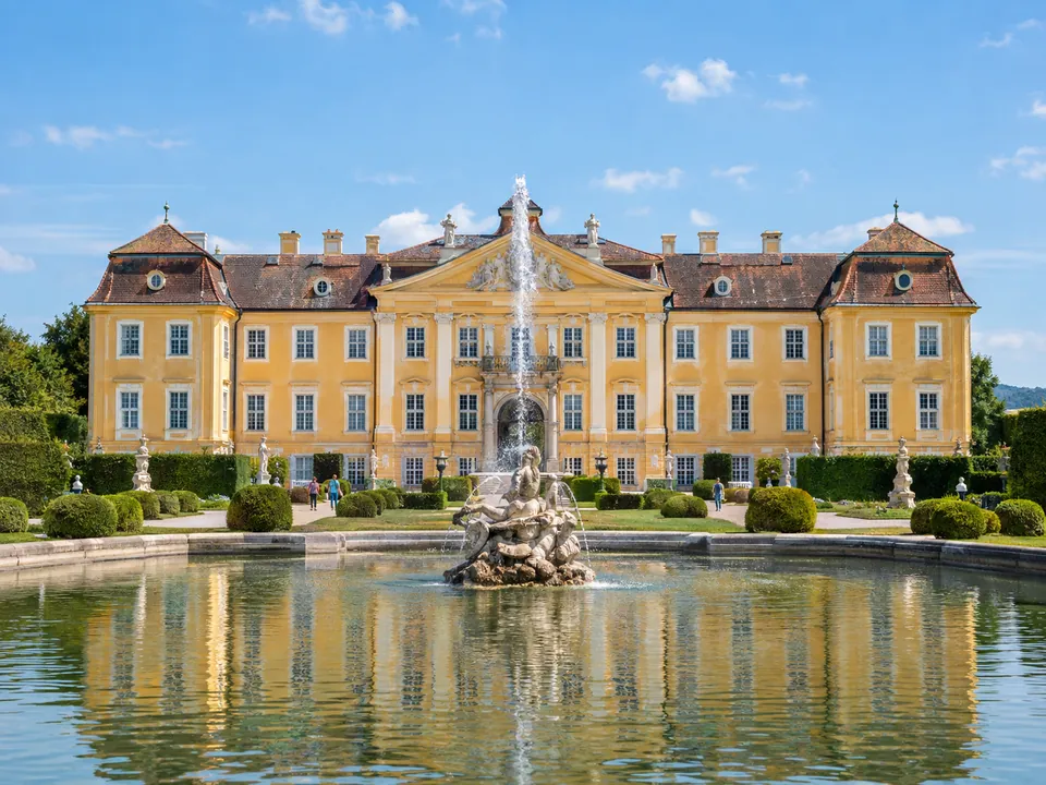The yellow facade of Hellbrunn Palace, the summer villa of Markus Sittikus